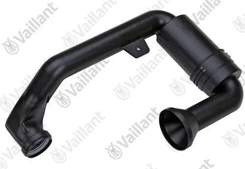 Vaillant Frischluftrohr mit geschwungener Form und zwei Anschlussseiten, in schwarzer Farbe, geeignet für spezifische Heizungsmodelle.